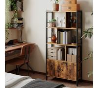 Rustic Brown Bookcase with Adjustable Shelves and Storage
