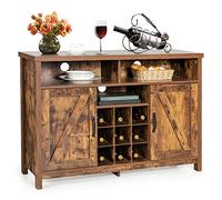 Rustic Brown Cabinet Industrial Buffet Sideboard with Wine Rack for 9 Bottles 2 Doors Shelves 5 Cable Holes Perfect for Kitchen & Dining Room