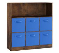 (Rustic Brown, Dark Blue) Wooden 7 Cubed Bookcase Units Shelves 6 Drawers