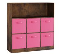 (Rustic Brown, Dark Pink) Wooden 7 Cubed Bookcase Units Shelves 6 Drawers