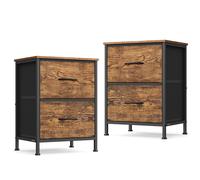 (Rustic Brown, Ink Black) Bedside Table with 2 Drawers, Side End Tables, for Bedroom, Steel, Set of 2, Industrial