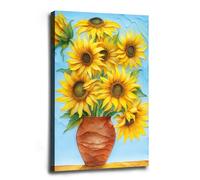 Rustic Brown Jug Sunflower Bouquet, Golden Yellow Floral Still Life Painting, Farmhouse Wall Art Decor, Vibrant Sunflower Canvas Print for Living Room Kitchen Bedroom Dining Room Framed Ready to Hang