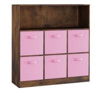 (Rustic Brown, Light Pink) Wooden 7 Cubed Bookcase Units Shelves 6 Drawers