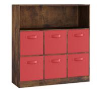 Urbn-Living Urbnliving 94Cm Height 7 Cubed Rustic Brown Wooden Cupboard Bookcase Storage Units Shelves With Red 6 Drawers