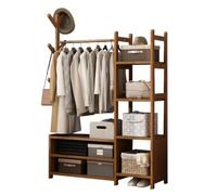 Rustic Brown Wooden Wardrobe with Wheels Clothes Rail & Shoe Rack Open Wardrobe for Bedroom Versatile Storage for Dresses Pants Shoes & Hats