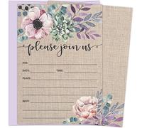 Rustic Burlap Invitations with Florals. 25 Lavender Envelopes and Fill in the Blank Invites for Bridal Showers, Baby Showers, Birthdays, Graduations, Christening, Baptism, Dinner Parties, Rehearsal Di