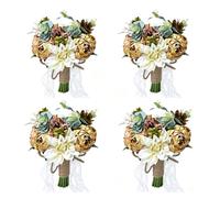 Rustic Burlap Wrapped Flower Posy,Bridal Bouquet,Artificial Rose Bouquet,Wedding Hand Flowers,Textured Wrapped Retro Design,Classic Countryside Aesthetic,for Outdoor Barn N(Size:24*30cm,Color:H-4 PCS)