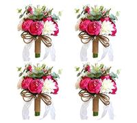 Rustic Burlap Wrapped Flower Posy,Bridal Bouquet,Artificial Rose Bouquet,Wedding Hand Flowers,Textured Wrapped Retro Design,Classic Countryside Aesthetic,for Outdoor Barn N(Size:24*30cm,Color:E-4 PCS)