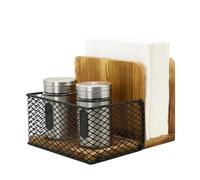 Rustic Burnt Wood Napkin Holder with Black Metal Mesh Spice Rack - 2-in-1 Farmhouse Style Napkin and Condiment Organizer for Kitchen or Restaurant, 5.5” x 6.5” x 5”