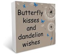 Rustic Butterfly Kisses Wood Box Sign, Farmhouse Summer Artwork Decor, Butterfly Wood Square Sign Desk Block Signs Home Office Shelf Decoration 7 x 7 Inches