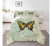 Rustic Butterfly Western Marbling Double Comforter - for Kids Teens Child | Cute Yellow Flying Butterflies Bedding Set Vintage Chic Nature Art Duvet Set - Kawaii Room Decor Aesthetic Coverless Duvet