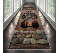 Rustic Cabin Bear Deer Carpet Runner 60x120cm, 3D Bear Paw Print Runner Rug for Hallway, Stone Wood Grain Long Narrow Rug, Washable Non-Slip Carpet for Kitchen Hallway Laundry
