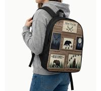 Rustic Cabin Bear Deer Printed Backpack 17 Inch Vintage Mountain Forest School Bag for Kids Teens Student Outdoor Nature Wildlife, BEAR FAMILY Welcome To Our CABIN (02)