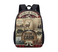 Rustic Cabin Bear Deer Printed Backpack 17 Inch Vintage Mountain Forest School Bag for Kids Teens Student Outdoor Nature Wildlife, BEAR FAMILY Welcome To Our CABIN (05)