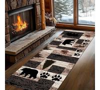 Rustic Cabin Bear Runner Rug 100 x 200 cm, Wildlife Bear Paw Print pine deer Brown Black Long area Rug, Non-Slip Low Pile Non-shedding Retro style Floor mat for Hallway Dining Room Indoor Carpet