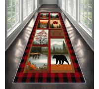 Rustic Cabin Bear Runner Rug for Hallway 120x360cm Country Farmhouse Carpet Runner, Retro Buffalo Plaid Long Carpet, Machine Washable Rug for High Traffic Areas in Hallway