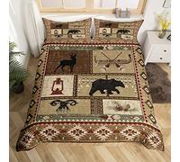 Rustic Cabin Bedding Sets King Size,Bear Deer Wooden Canoe Pinecone Patchwork Comforter Cover,Southwest Exotic Aztec Duvet Cover for Kids Boys Girls Youth,Rural Farmhouse Lodge Quilt Cover,Soft