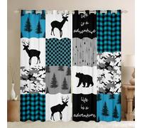 Rustic Cabin Blackout Curtains for Living Room, Grizzly Bear Deer Window Curtains 2 panel Sets 52 x 90 Inch,Green Buffalo Plaid Decor Farmhouse Country Woodland Pine Trees Window Treatments Drapes