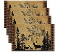 Rustic Cabin Placemats 12x18 Inch Set of 4 Deer Wild Animal Jungle Pine Trees Place Mats for Kids Teens Adults Vintage Stripes Farmhouse Style Kitchen Mats for Dining Table