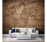 Rustic Cabin Style Wall Mural 500x280cm, World Map Wood Background Study Theme Non-Woven Fleece Photo Wallpaper, Premium Art Print - Mural Wallpaper Decoration for Bedroom Living Roo