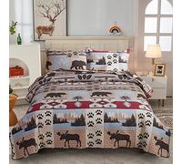 Rustic Cabin Summer Moose Bear Quilts Full/Queen Size Lodge Bedspread Bear Paw Pine Tree Maple Leaves Bed Cover Soft Polyester Woodland Coverlet Set with 2 Standard Pillow Shams