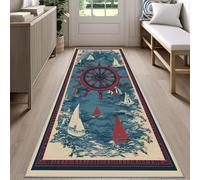 Rustic Cabin Vintage Nautical Runner Rug for Hallway 100x300cm Coastal Sailboat Carpet Runner, Steering Wheel Long Hall Carpet, Non Slip Floor Mats for High Traffic Areas in Home