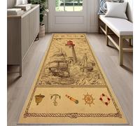 Rustic Cabin Vintage Nautical Runner Rug for Hallway 60x150cm Coastal Sailboat Carpet Runner, Lighthouse Hallway Rug, Machine Washable Non-Slip Floor Carpet for Living Room