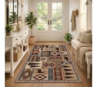 Rustic Cabin Wildlife Patchwork Bear Area Rug 3' X 5' | Rustic Cabin Motif, Southwestern Geometric Patterns, Cabin Decor Style, Nature-inspired Wildlife Silhouettes