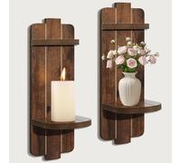 Rustic Candle Holder Set of 2 - Vintage Brown Wooden Wall Sconces for Fireplace, Bedroom & Living Room - Farmhouse Wall Decor with Candle Shelf for Home, Aisle, Hallway