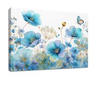 Rustic Canvas Prints Wall Art 70 x 50 cm Artwork Blue Wildflower Butterfly Grass - Decoration Painting Wall Decor Pictures for Bedroom, Living Room, Hallway or Entryway