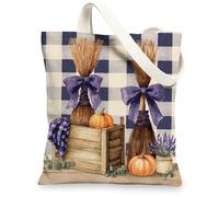 Rustic Canvas Tote Bags, Farmhouse Pumpkin Design Reusable Grocery Bags, Vintage Checkered Lightweight Washable Canvas Bags for Beach Picnic 13x15 Inch