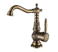 Rustic Carved Antique All Copper Bathroom Washbasin Hot Cold Water Tap 360°Rotatable Lavatory Basin Mixer Faucet Solid Brass Retro Kitchen Waterfall Faucet Vessel Faucet (Medium)