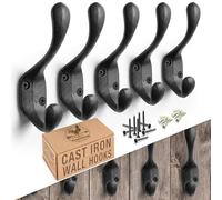 Rustic Cast Iron Coat Hooks (5 Pack) - Wall Mounted Farmhouse Decorative Vintage Hooks for Hanging Coats, Bags, Hats, Towels (Black, Large Spoon)