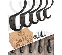 Rustic Cast Iron Coat Hooks (5 Pack) - Wall Mounted Farmhouse Decorative Vintage Hooks for Hanging Coats, Bags, Hats, Towels (Black, Large Spoon)