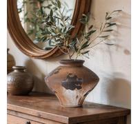 Rustic Ceramic Wabi Sabi Vase, 6.7''Vintage Brown Pottery Flower Jar with Wide Mouth, Handmade Distressed Clay Decor for Table Centerpiece, Farmhouse Shelf, Entryway or Mantel