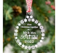 Rustic Charm Christmas Tree Decoration Personalised Clear Acrylic Bauble. 1st First Xmas Together Gift With Engraved Surname. Snowflakes Decor.
