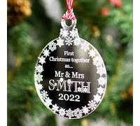 Rustic Charm Christmas Tree Decoration Personalised Mirrored Acrylic Bauble. 1st First Xmas Together for Married Couple, Gift With Engraved Surname. Snowflakes Decor.