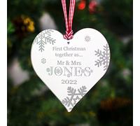 Rustic Charm Personalised Mirrored Acrylic Heart Christmas Tree Decoration. 1st First Christmas Bauble Gift