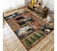 Rustic Charm Rug, 100x150cm,Wildlife and Nature Scenery Patchwork, Elk, Bear and Pine Tree Print Rug, Perfect for A Cozy Living Space,Soft Foldable Breathable Home Decor Carpet Forinterior Decoration