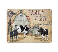 Rustic Chic Cow Metal Sign Family Where Life Begins And Love Never Ends Metal Tin Sign Furry Cattle 12x16in Windproof Metal Plaque For Bar Pub Man Cave Garage Kitchen