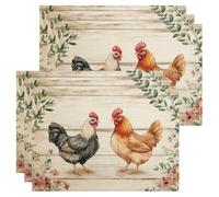 Rustic Chicken Placemats, Farmhouse Floral Table Mats for Kitchen Dining, Country Style Non-Slip Washable Indoor Outdoor Decorative Placemat Set of 6