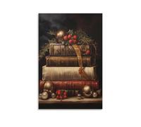 Rustic Christmas Book Still Life Vintage Dark Academia Moody Wall Art Paintings Canvas Prints Poster Artwork for Living Room Bedroom Bathroom Office Home Decor 20x30inch(50x75cm)