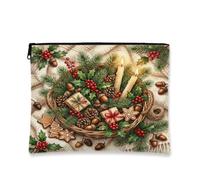 Rustic Christmas Botanical Gift Scene Wicker Basket Makeup Bag 7x9 Inch | Winter Botanical Motifs, Makeup Zipper Pouch, Warm Candle Lighting, Rustic Pine Needles, Cozy Textural Background