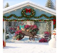 Rustic Christmas Garage Door Cover, Red Wheelbarrow with Poinsettias Large Garage Door Decorations, Winter Indoor and Outdoor Holiday Party Decor 157x71 Inch