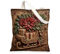 Rustic Christmas Sleigh And Poinsettia Canvas Tote Bag 13x15 Inch | Poinsettia Flowers, Wrapped Gift Boxes, Rustic Wood Carving Style, Festive Winter Foliage, Traditional Seasonal Charm