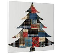 Rustic Christmas Tree Canvas Wall Art, Red Blue Plaid Patchwork Holiday Decor, Vintage Style Wall Art for Living Room, Bedroom, Office, Cozy Home Aesthetic 12x12 Inch