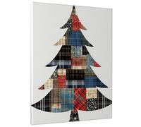 Rustic Christmas Tree Canvas Wall Art, Red Blue Plaid Patchwork Holiday Decor, Vintage Style Wall Art for Living Room, Bedroom, Office, Cozy Home Aesthetic 16x20 Inch