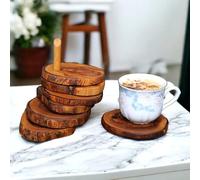 Rustic Coaster Set of 6 with Holder 12 cm - Handcrafted Olive Wood Coaster Set with Holder - Round Drink Coasters, Natural Wooden Coasters for Coffee Tables | Protecting Surfaces, Set of 6 with Stand