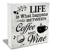 Rustic Coffee Wine Wood Box Sign Life is What happens Between Coffee and Wine Wooden Box Sign Home Kitchen Wine Bar Desk Shelf Decor (5 X 5 Inch)
