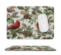 Rustic Colorful Bird Stitched Edge Mouse Pad,Cute Realistic Winter Christmas Pine Leaves Pinecone Red Birds Soft Mousepad with Non-Slip for Office,Home 11.8"x9.8"